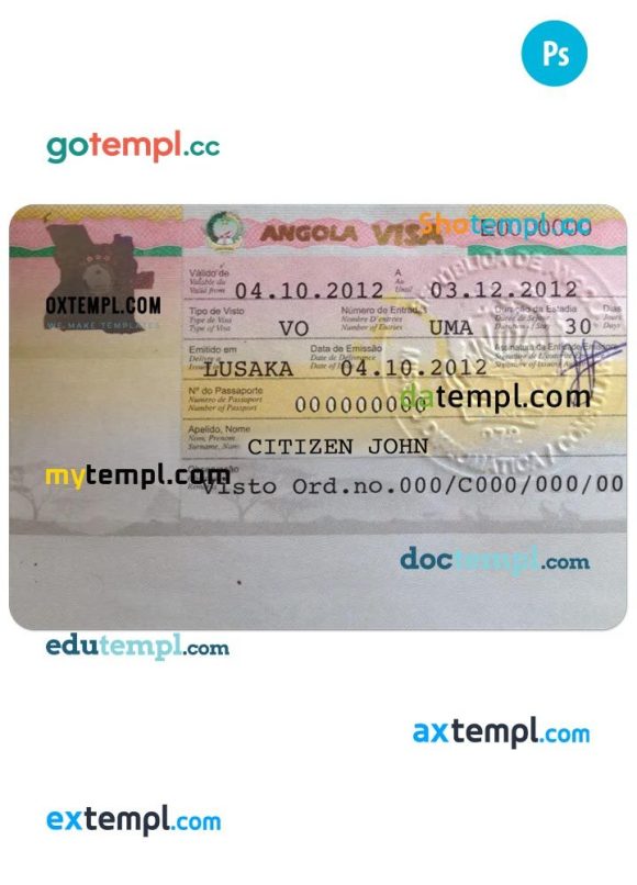 Angolan work visa PSD example, fully editable