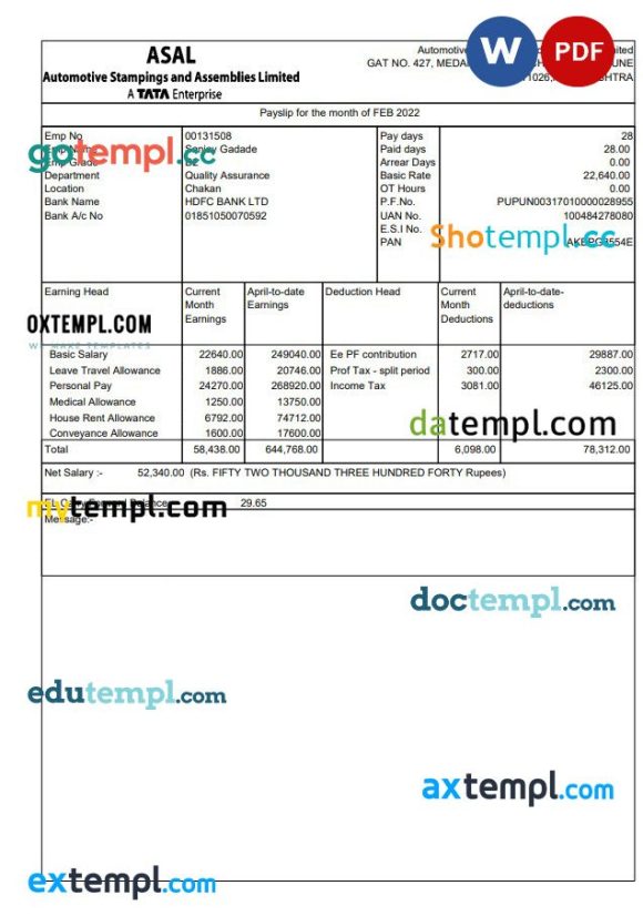 Automotive Stampings and Assemblies Limited pay stub Word and PDF example