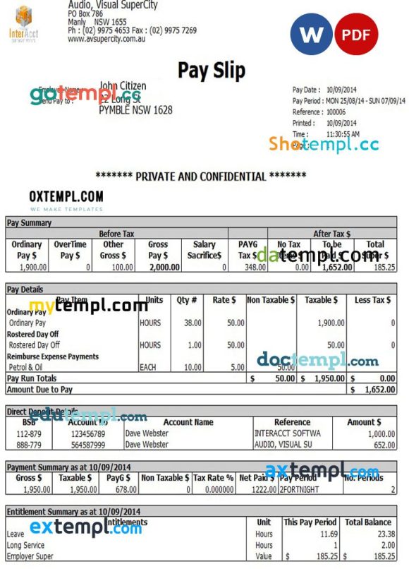 AUSTRALIA AUDIO Visual SuperCity payslip pay stub example in Word and PDF formats
