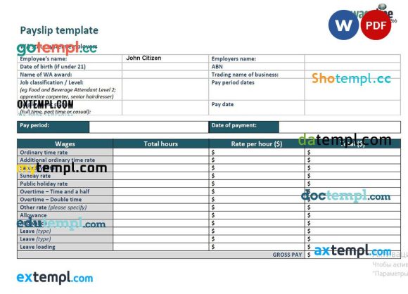 AUSTRALIA WAGELINE payslip example in Word and PDF formats