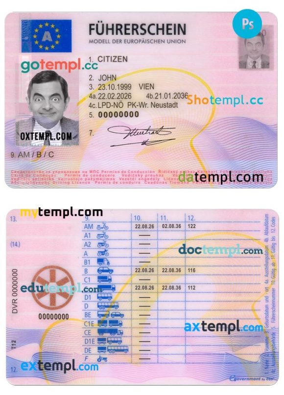 Austria driver license PSD template 2013 - present