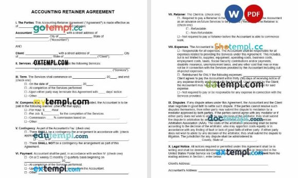 Accounting Retainer Agreement Word example, fully editable