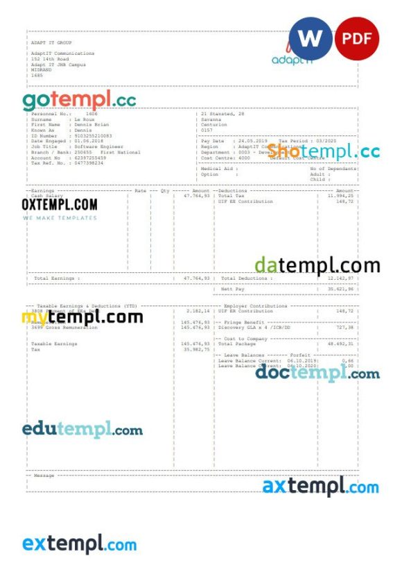 Adapt Id Group pay stub Word and PDF example