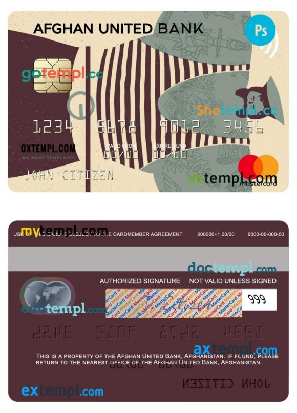 Afghanistan Afghan United Bank mastercard template in PSD format