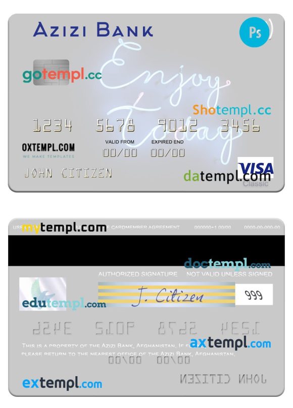 Afghanistan Azizi Bank visa card template in PSD format