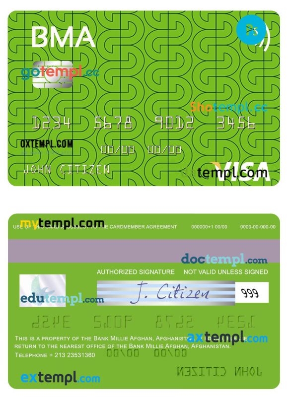 Afghanistan Bank Millie Afghan visa card template in PSD format