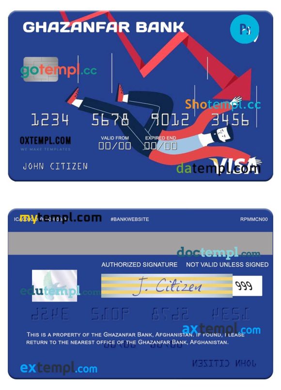 Afghanistan Ghazanfar Bank visa card template in PSD format