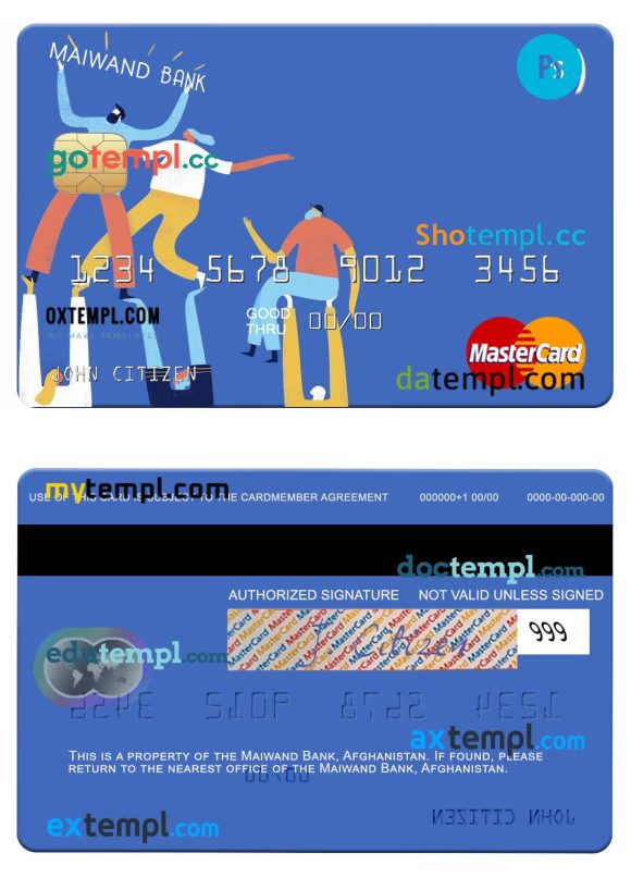 Afghanistan Maiwand Bank mastercard template in PSD format