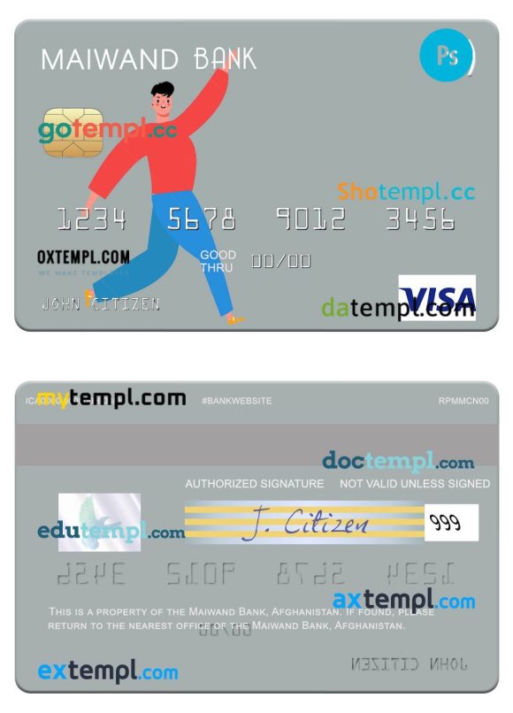 Afghanistan Maiwand Bank visa card template in PSD format