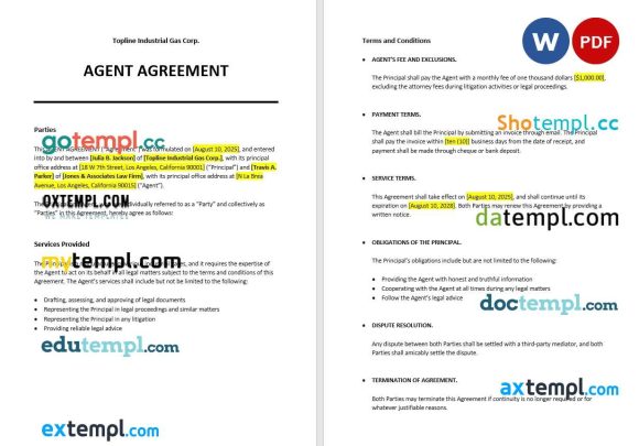 Agent Agreement Word example, fully editable