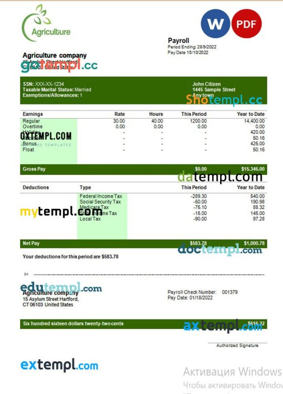 Agricultural company payroll example in Word and PDF formats