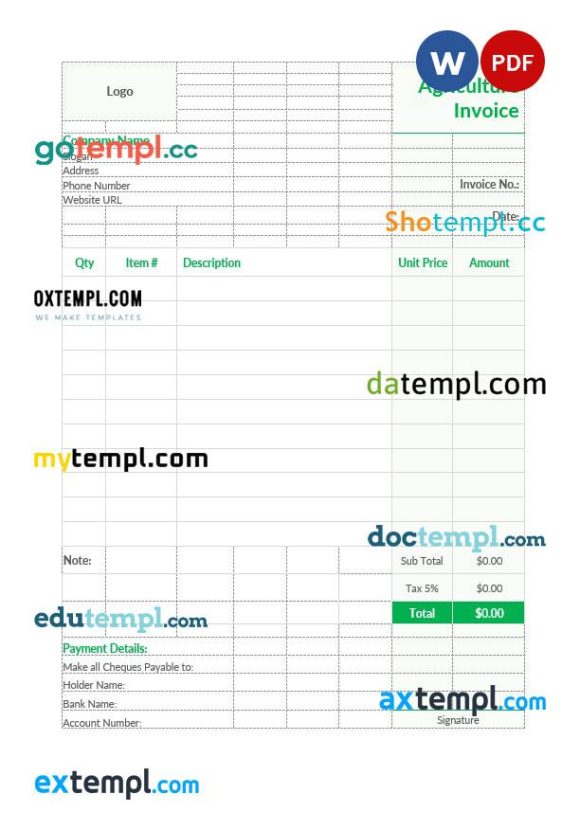 Agriculture Invoice example in word and pdf format