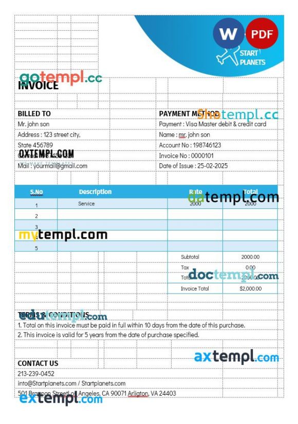 Airlines Aviation Services Invoice example in word and pdf format