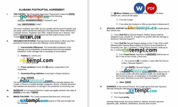 Alabama Postnuptial Agreement Word example, fully editable