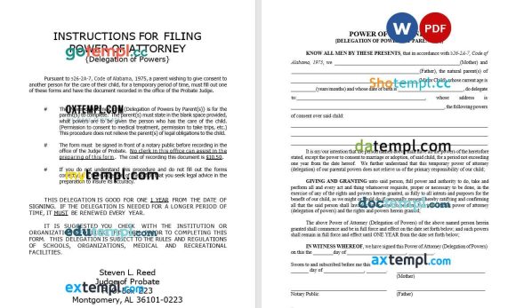 Alabama Power of Attorney for Minor Children example, fully editable