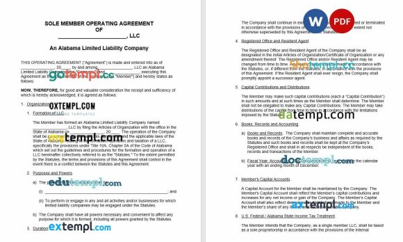 Alabama Single-Member LLC Operating Agreement Word example, fully editable