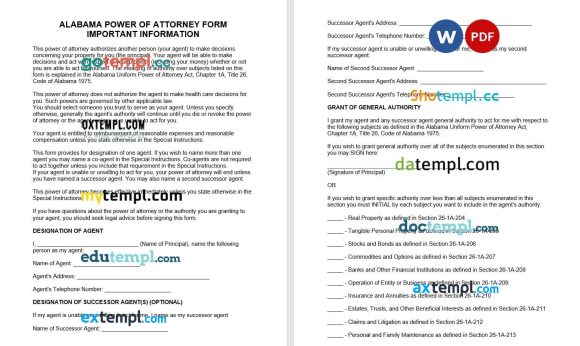 Alabama Statutory Durable Power of Attorney Form 1 example, fully editable