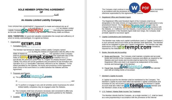Alaska Single Member LLC Operating Agreement Word example, completely editable