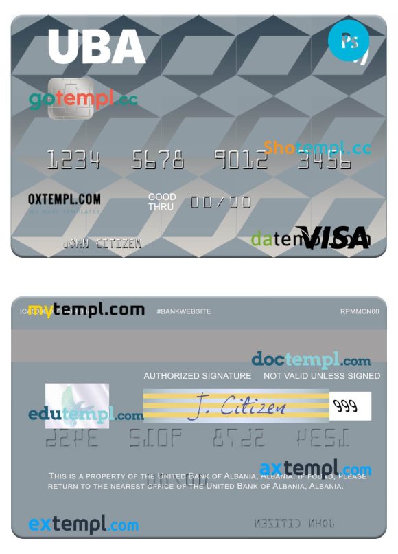 Albania United Bank of Albania visa card template in PSD format