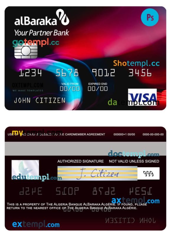 Algerian Banque AlBaraka Algérie visa card example in PSD format