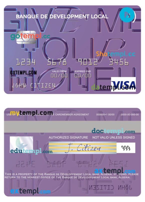 Algerian Banque de Développement Local visa card example in PSD format