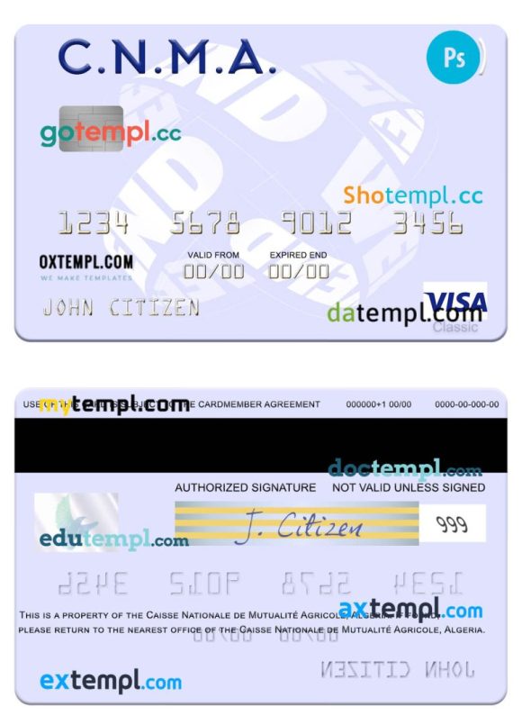 Algerian Caisse Nationale de Mutualité Agricole visa card example in PSD format