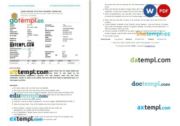 Andhra Pradesh State Road Transport Corporation bus e-ticket, Word and PDF download template, 2 pages