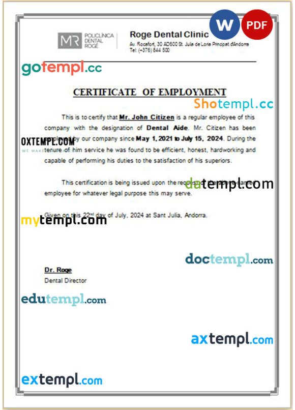 Andorra Roge Dental Clinic certificate of employment Word and PDF download template