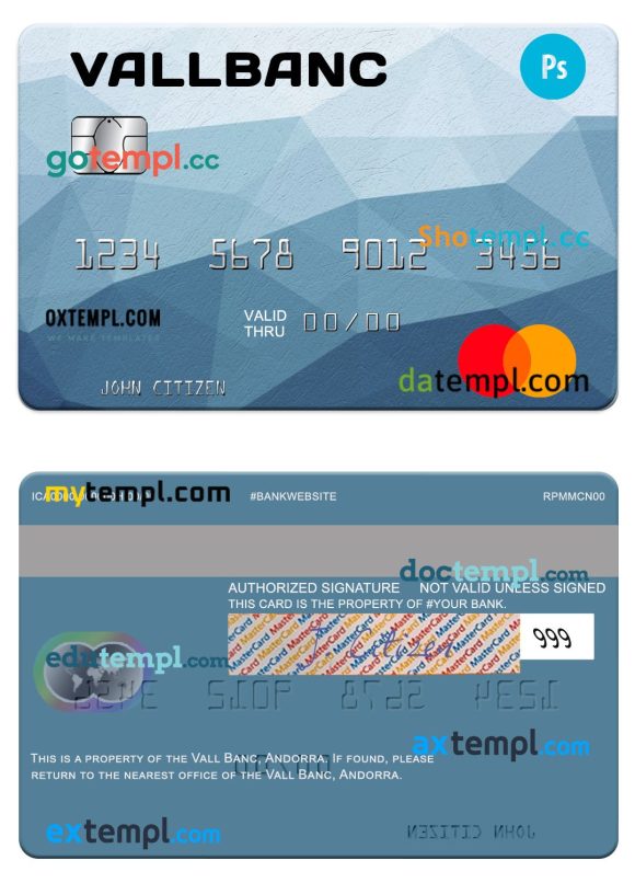 Andorra Vall Banc mastercard template in PSD format