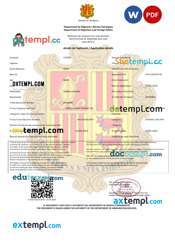 Andorran e-visa Word and PDF example, fully editable