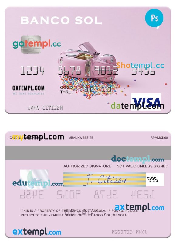 Angola Banco Sol visa card template in PSD format