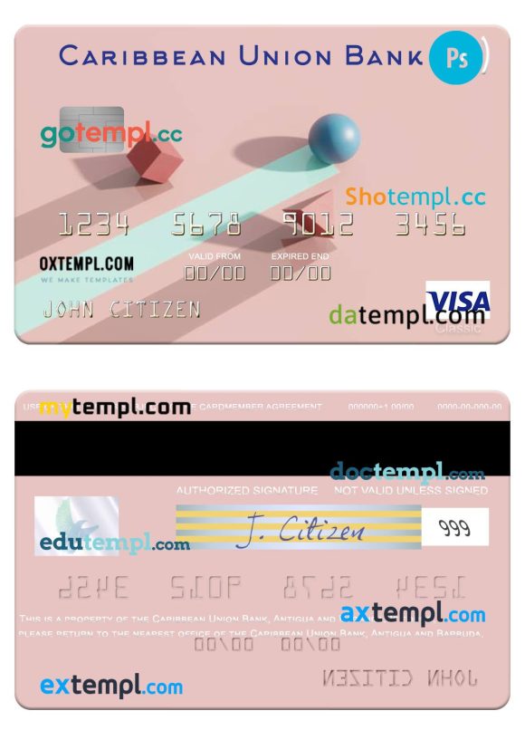 Antigua and Barbuda Caribbean Union Bank visa card template in PSD format