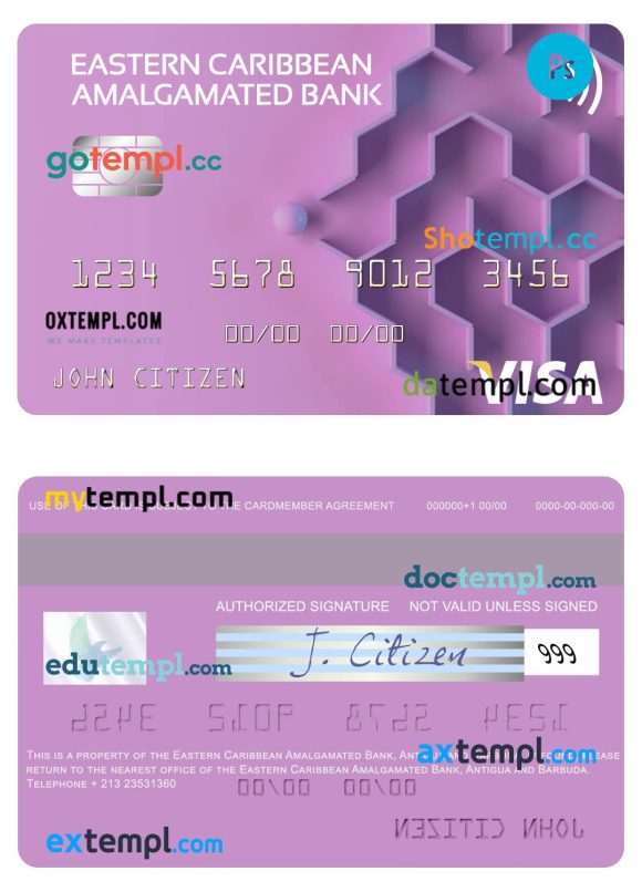 Antigua and Barbuda Eastern Caribbean Amalgamated Bank visa card template in PSD format