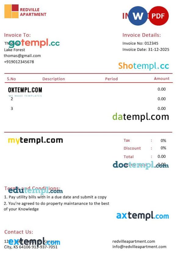 Apartment Rental Invoice example in word and pdf format