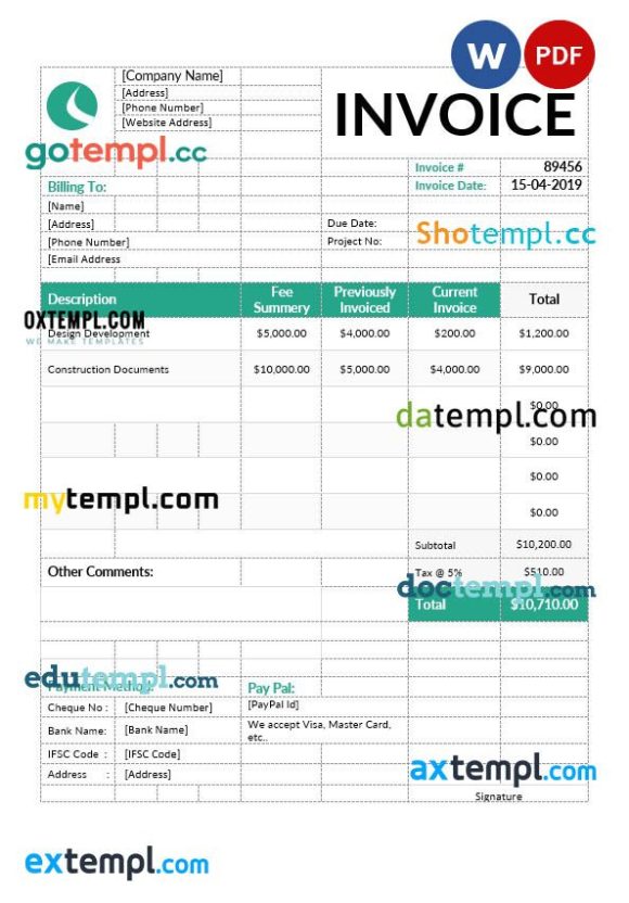 Architect Invoice example in word and pdf format