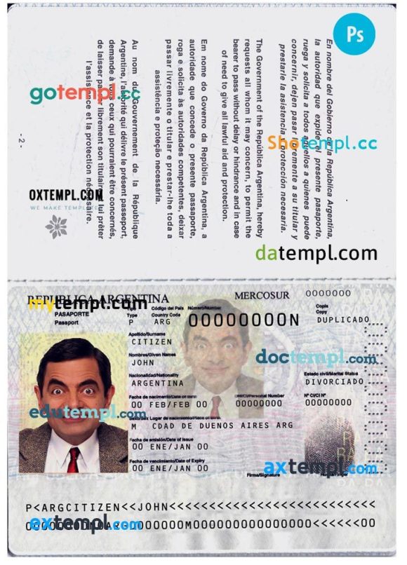 Argentinian passport example in PSD format, 2012 - present
