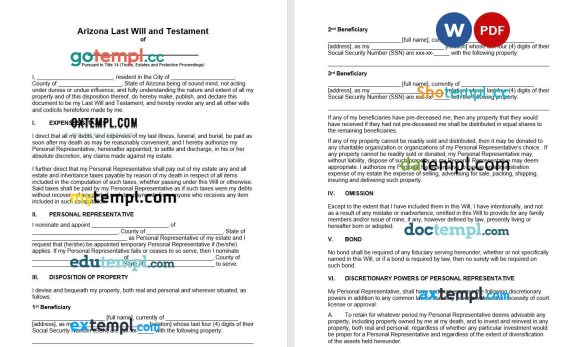Arizona Last Will and Testament example, fully editable