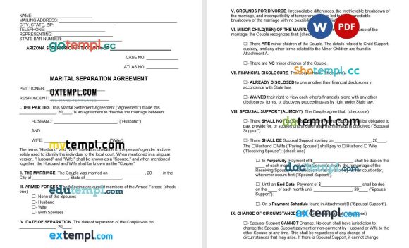 Arizona Marital Settlement Agreement Word example, completely editable