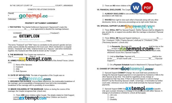 Arkansas Marital Settlement Agreement word example, fully editable