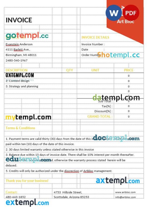 Art Director Invoice example in word and pdf format