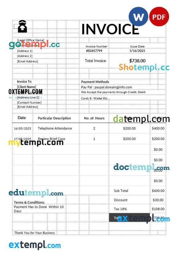 Attorney Invoice example in word and pdf format