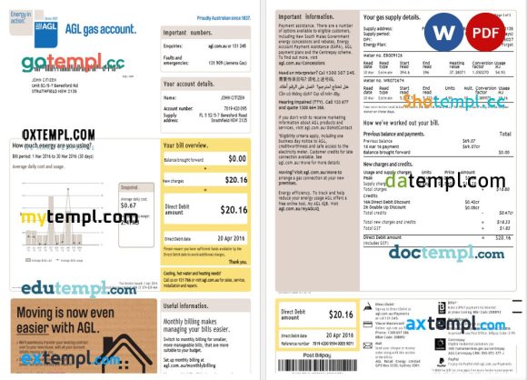 Australia AGL utiltiy bill Word and PDF example, 2 pages version 3
