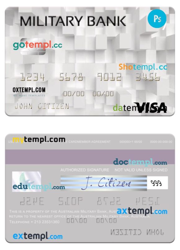 Australian Australiann Military Bank visa card example in PSD format