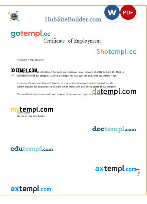 Australia Hub Site Builder certificate of employment Word and PDF download template
