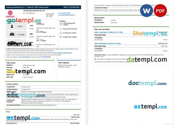 Australia Powershop utility bill Word and PDF template, 2 pages