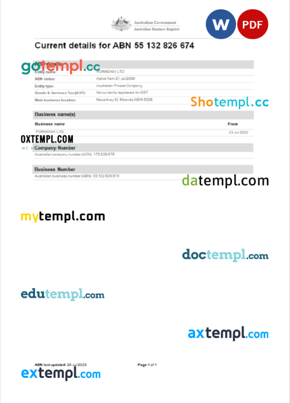 Australian business registration Word and PDF example