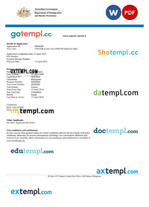 Australian e-visa Word and PDF example, completely editable