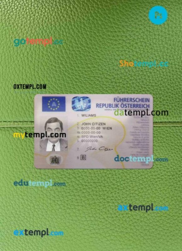 Austria driving license PSD files, scan look and photographed image, 2 in 1