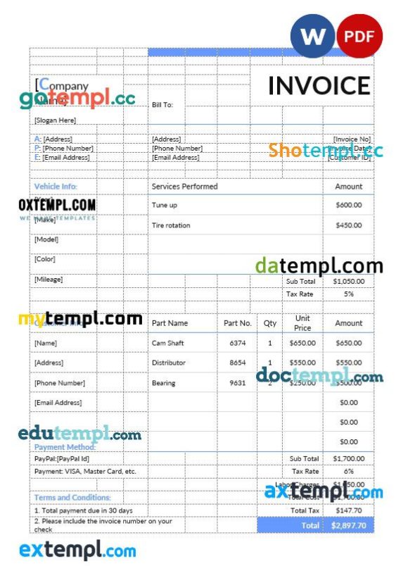 Auto Repair Estimate Invoice example in word and pdf format