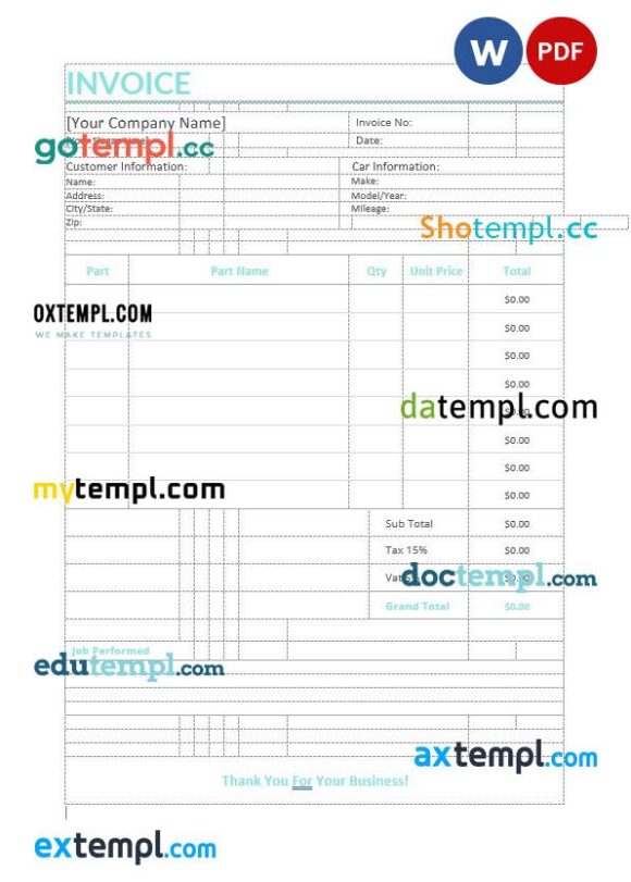 Auto repair invoice example in word and pdf format